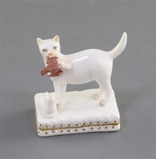 A rare Derby porcelain group of a cat and kitten with prey, c.1810-25, H. 5cm, tail restored